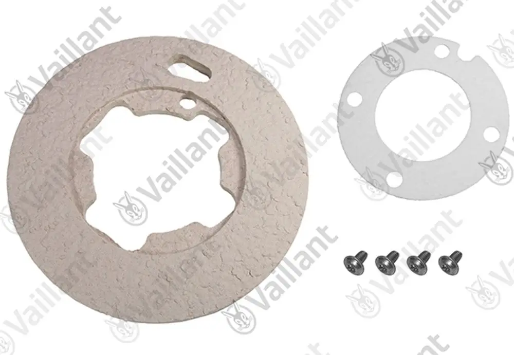 Vaillant Isolierplatte und Metallabdeckung mit vier Schrauben, zur Verwendung in Heizungsanlagen, auf hellem Hintergrund abgebildet.
